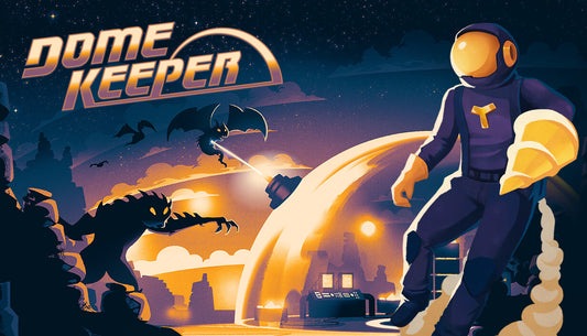Official cover art for the roguelike mining game Dome Keeper featuring a glass-domed base on an alien planet.