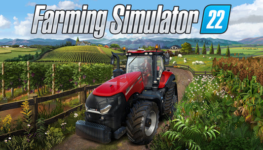 Official cover art for Farming Simulator 22 featuring a modern red tractor working in a vast, sunny field.