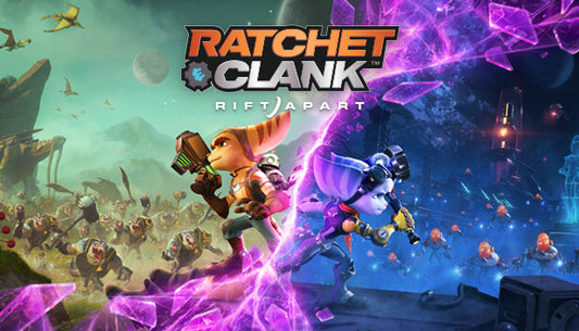 Official cover art for Ratchet & Clank: Rift Apart featuring the main characters in a vibrant, interdimensional sci-fi setting.