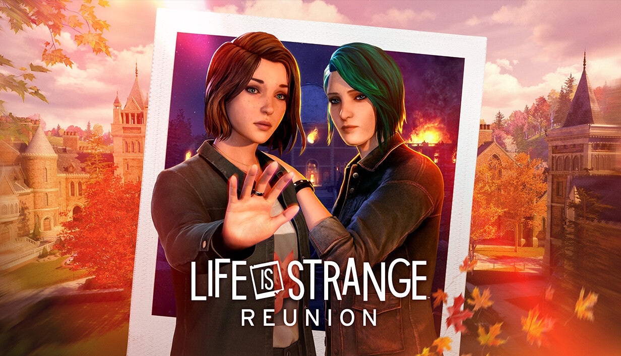 Official Life is Strange: Reunion cover art showing Max and Chloe inside a polaroid frame against a burning academy backdrop.