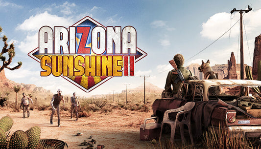 Official cover art for the VR survival horror game Arizona Sunshine 2 featuring a survivor and a dog in a post-apocalyptic setting.