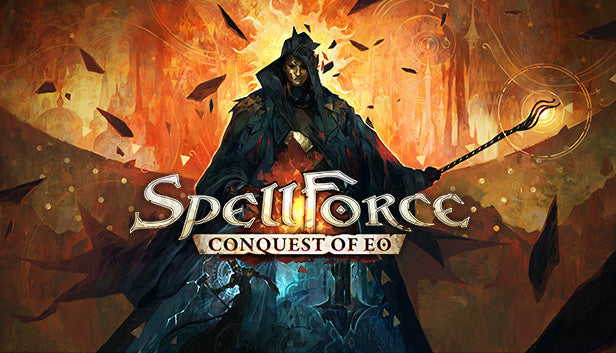 Official cover art for the strategy RPG SpellForce: Conquest of Eo featuring a fantasy landscape and magical elements.
