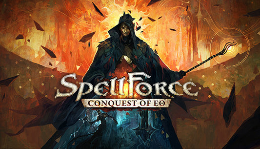 Official cover art for the strategy RPG SpellForce: Conquest of Eo featuring a fantasy landscape and magical elements.
