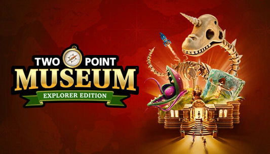 Two Point Museum: Explorer Edition cover art featuring a museum bursting with a horned dinosaur skeleton, giant plant, and frozen caveman.