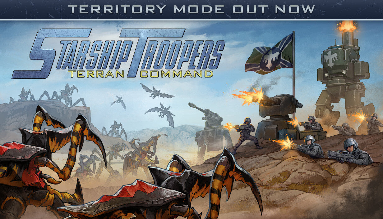 Official cover art for Starship Troopers: Terran Command featuring mobile infantry soldiers in desert combat against arachnids.