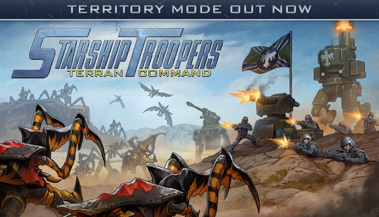 Official cover art for Starship Troopers: Terran Command featuring mobile infantry soldiers in desert combat against arachnids.