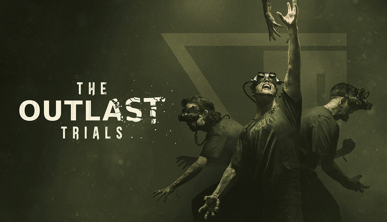 Eerie green-tinted cover art for The Outlast Trials showing three terrified test subjects wearing night-vision headsets and shouting in distress.