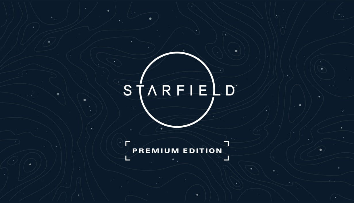 Starfield Premium Edition cover art featuring the white Starfield logo on a dark blue background with stars and topological lines.