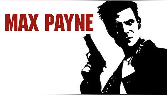 Max Payne cover art featuring a high-contrast black and white silhouette of Max holding a gun with red title text.