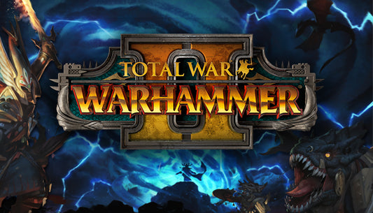 Official cover art for the strategy game Total War: WARHAMMER II featuring a large dragon and high elf army.