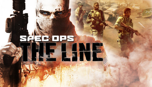 Official cover art for the military shooter Spec Ops: The Line featuring a soldier holding a rifle in a desert.