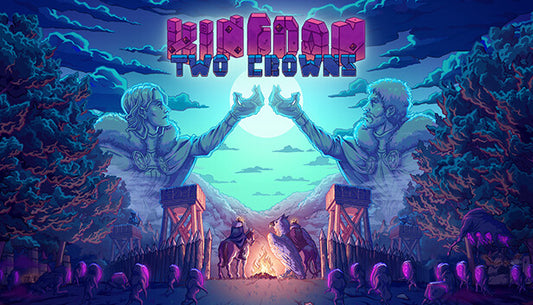 Official cover art for the strategy game Kingdom Two Crowns featuring a monarch on horseback in a minimalist pixel art style.