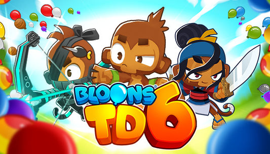 Official cover art for the strategy game Bloons TD 6 featuring a colorful group of monkeys and balloons.
