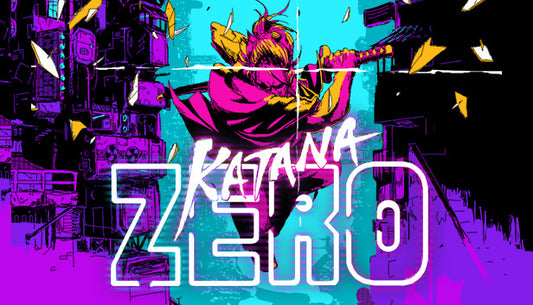 Stylized cover art for the action game Katana ZERO featuring a neon-colored silhouette of a samurai with a sword.