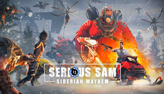 Action-packed cover art for Serious Sam: Siberian Mayhem showing Sam on a red snowmobile firing a rifle, backed by a massive armored enemy in a red hazmat suit amidst a chaotic snowy battle.
