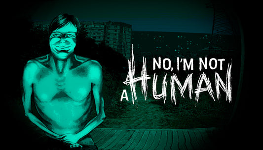 Official cover art for the psychological horror game No, I'm not a Human featuring stylized hand-drawn characters.