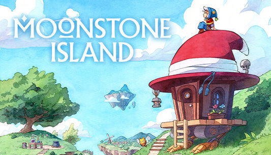 Cover art for the cozy creature collector and farming sim game Moonstone Island featuring pixel art of a floating island.
