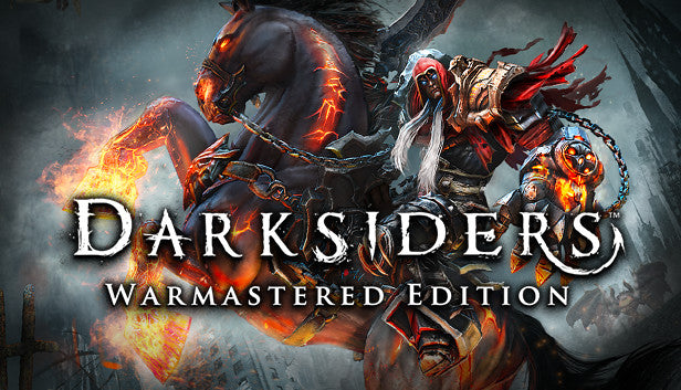 Official cover art for Darksiders Warmastered Edition featuring War, one of the Four Horsemen, on his spectral horse.