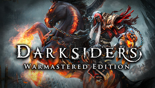 Official cover art for Darksiders Warmastered Edition featuring War, one of the Four Horsemen, on his spectral horse.