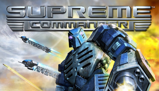 Official cover art for Supreme Commander: Forged Alliance featuring a massive robotic unit in a futuristic war zone.