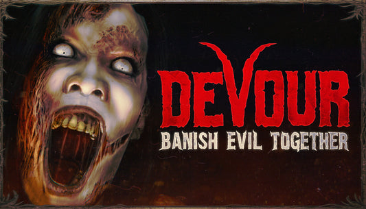 Official cover art for the survival horror game DEVOUR featuring a demonic figure in a dark, supernatural setting.