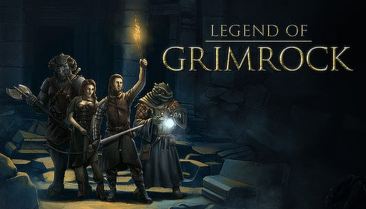 Official cover art for the dungeon crawler game Legend of Grimrock featuring a group of adventurers facing a giant snail.