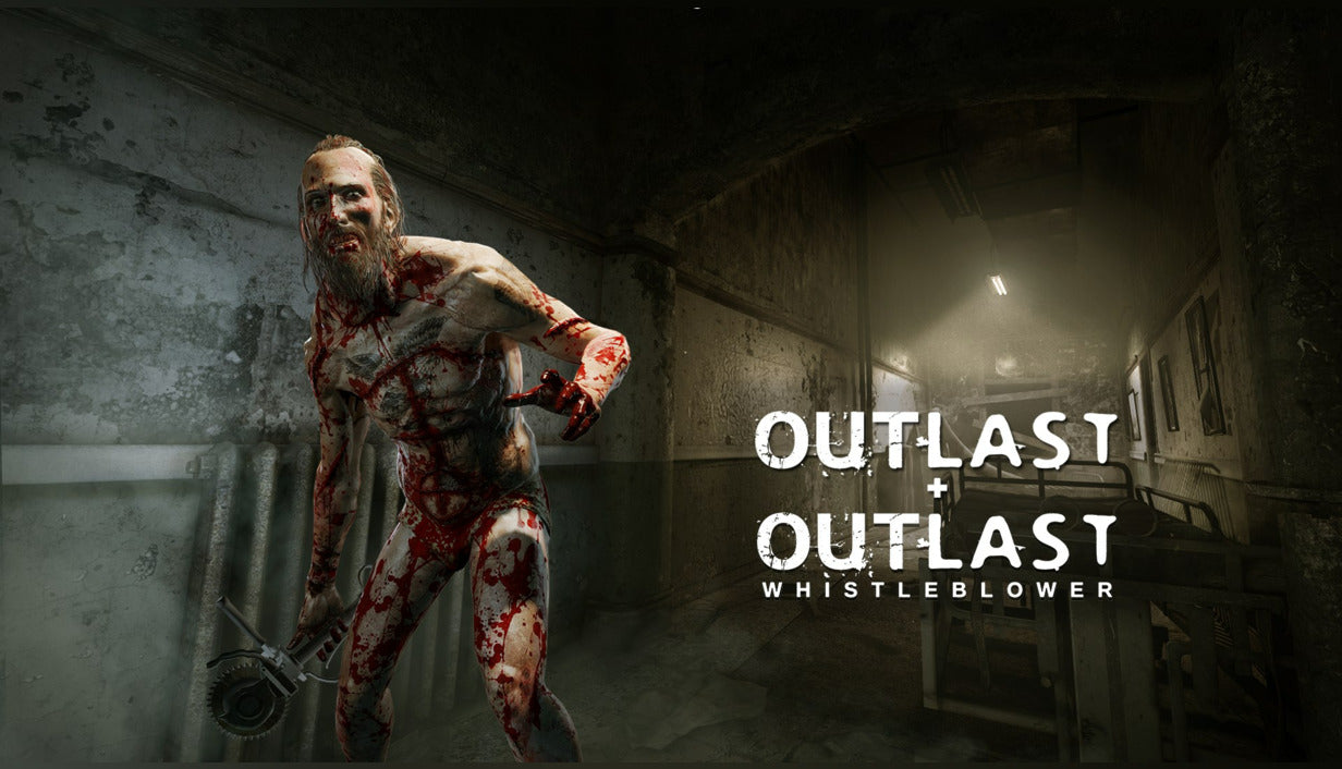 Horrifying cover art for Outlast: Bundle of Terror showing a naked, blood-drenched enemy wielding a circular saw in a dilapidated, dark asylum corridor.