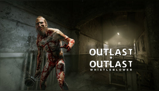 Horrifying cover art for Outlast: Bundle of Terror showing a naked, blood-drenched enemy wielding a circular saw in a dilapidated, dark asylum corridor.