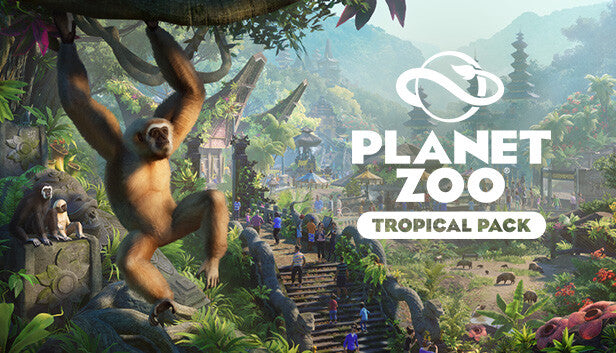 Planet Zoo: Tropical Pack cover art featuring a lar gibbon swinging from a tree branch in a lush tropical zoo with Asian architecture.