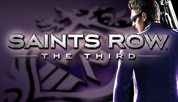 Official cover art for Saints Row: The Third featuring stylized character silhouettes and purple branding.