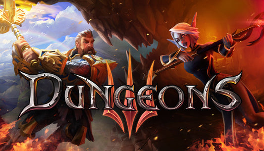 Official cover art for the fantasy strategy game Dungeons 3 featuring a dark dungeon lord and gold-filled vault.