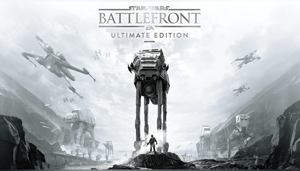 Official cover art for Star Wars Battlefront Ultimate Edition featuring a Rebel soldier and an AT-AT on a desert planet.