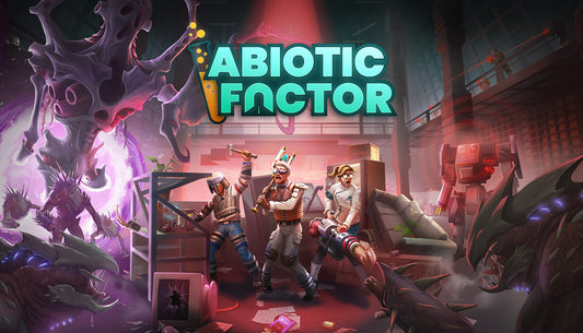 Official cover art for the survival game Abiotic Factor featuring a scientist in a lab coat and gas mask.