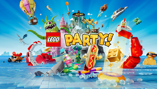 Bright and colorful cover art for LEGO Party! showing various whimsical LEGO characters, including a minifigure in a hot dog suit and a giant green one-eyed monster, playing in a vibrant tropical island setting.