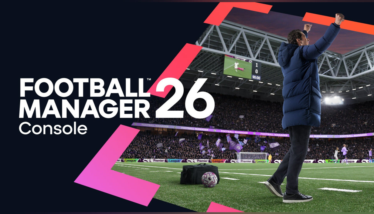 Official cover art for the sports management game Football Manager 26 featuring a green pitch and football-themed graphics.