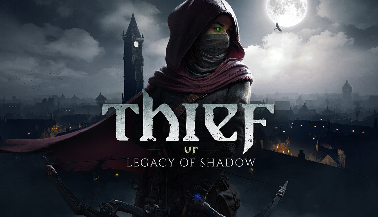 Cover art for Thief VR: Legacy of Shadow, showing a hooded rogue with a glowing green eye holding a bow, overlooking a dark, moonlit medieval city.