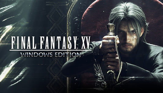 Official cover art for FINAL FANTASY XV WINDOWS EDITION featuring Noctis gripping a sword while seated on a throne.