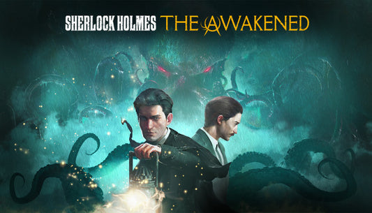 Official cover art for Sherlock Holmes The Awakened featuring a detective in a dark, Lovecraftian environment.
