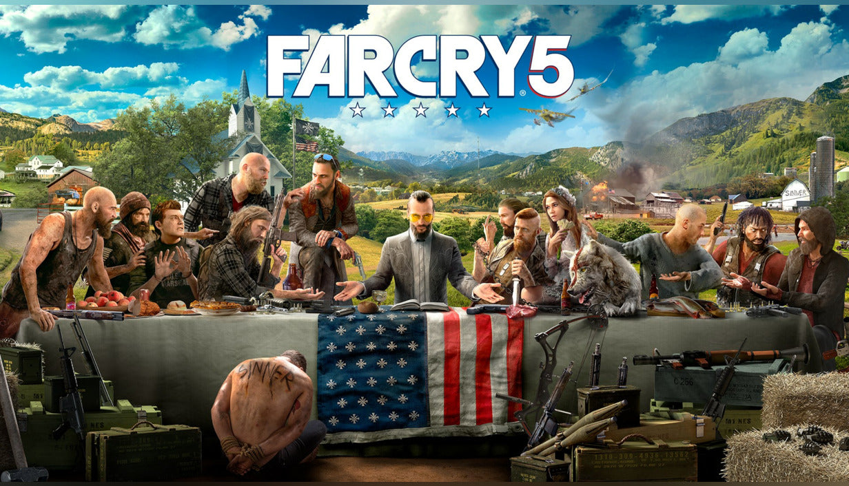 Cover art for Far Cry 5, illustrating cult leader Joseph Seed and his armed followers gathered at a table draped with an American flag, mirroring The Last Supper in a rural Montana landscape.