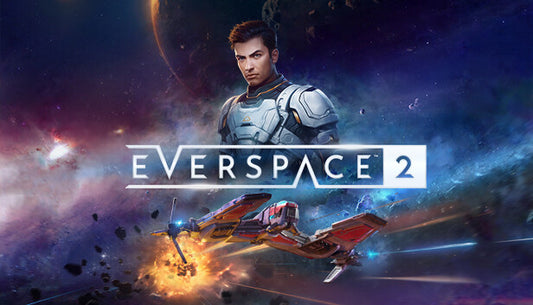 Official cover art for the space simulation game EVERSPACE 2 featuring a spacecraft flying through a vibrant nebula.