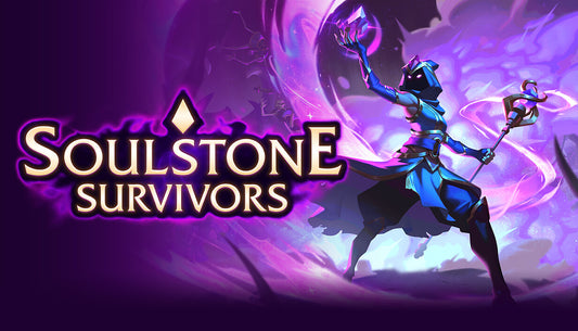 Soulstone Survivors cover art featuring a dark fantasy warrior surrounded by magical projectiles and skeletal enemies.
