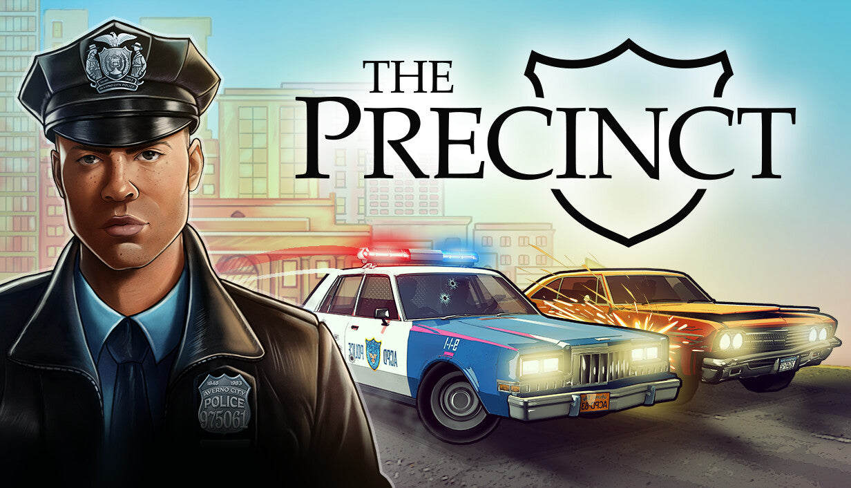 Official cover art for the police action game The Precinct featuring top-down pixel graphics and a cinematic 1980s aesthetic.