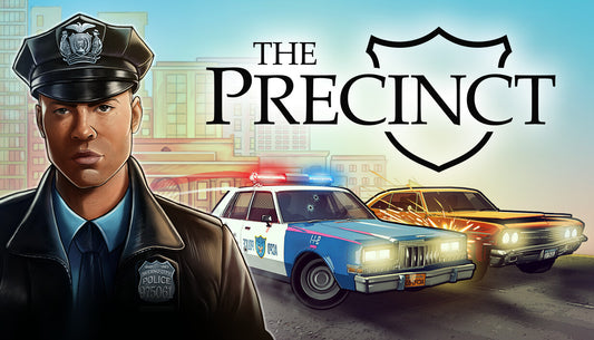 Official cover art for the police action game The Precinct featuring top-down pixel graphics and a cinematic 1980s aesthetic.