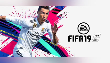 Official cover art for FIFA 19 PC EA App version featuring the iconic EA Sports soccer game logo and professional athlete branding.