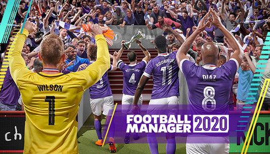 Official cover art for the sports simulation game Football Manager 2020 featuring the series logo and a stadium background.