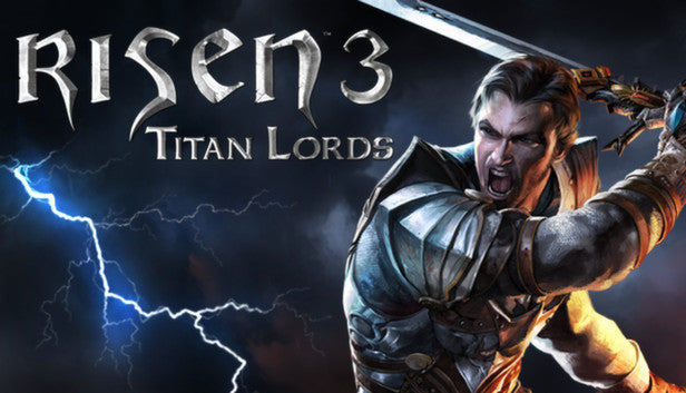 Official cover art for Risen 3 - Titan Lords showing a gritty fantasy warrior standing before a glowing, ominous portal.