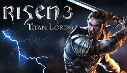 Official cover art for Risen 3 - Titan Lords showing a gritty fantasy warrior standing before a glowing, ominous portal.