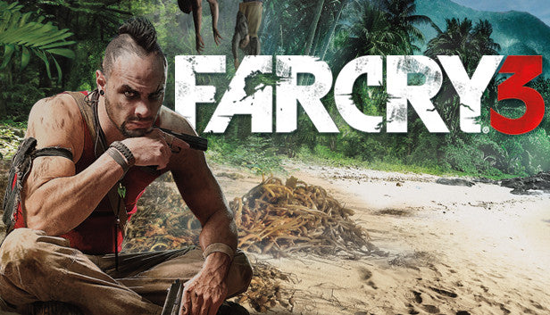 Official cover art for the action-adventure game Far Cry 3 featuring a man buried in sand facing a villain.
