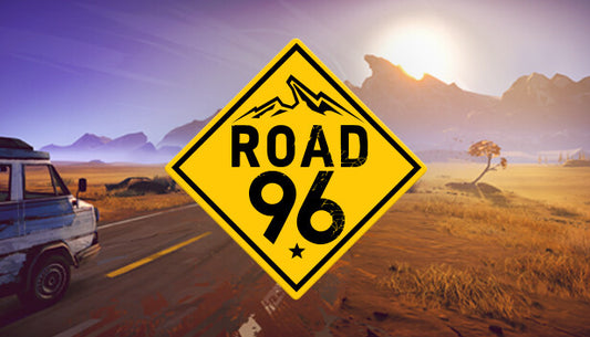 Official cover art for the adventure game Road 96 featuring a stylized hitchhiker on a scenic mountain road.