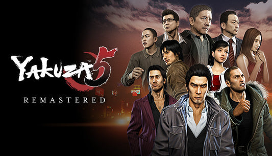 Official cover art for Yakuza 5 Remastered featuring Kazuma Kiryu and other protagonists against a city backdrop.
